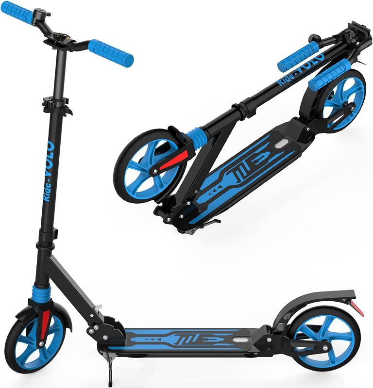 Photo 1 of RideVOLO Foldable Kick Scooter with Ultra Wide Deck, 8" PU Wheels, 3 Adjustable Heights, Suspension System, High Stability and Security with ABEC 9 Bearings, for 8 Years Old up Teens and Adults