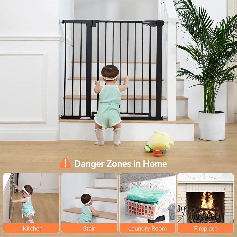 Photo 1 of  36" Extra Tall Baby Gate for Stairs Doorways, Fits Openings 29.5" to 48.8" Wide, Auto Close Extra Wide Dog Gate for House, Pressure Mounted Easy Walk Through Pet Gate with Door, Black
