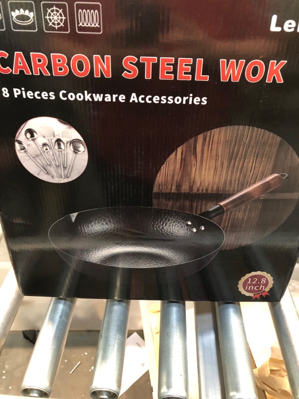 Photo 2 of 12.8"Carbon Steel Wok - 11Pcs Woks and Stir Fry Pans with Wooden Handle and Lid,10 Cookware Accessories,For Electric,Induction and Gas Stoves