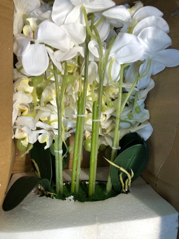 Photo 3 of Artificial Orchid White Silk Orchids Plant Phalaenopsis Flowers Faux Flower Orquideas Grandes with Silver Vase Orquidea para Decorar Arrangements in Pot Table Centerpieces for Home Decoration Indoor White Orchid