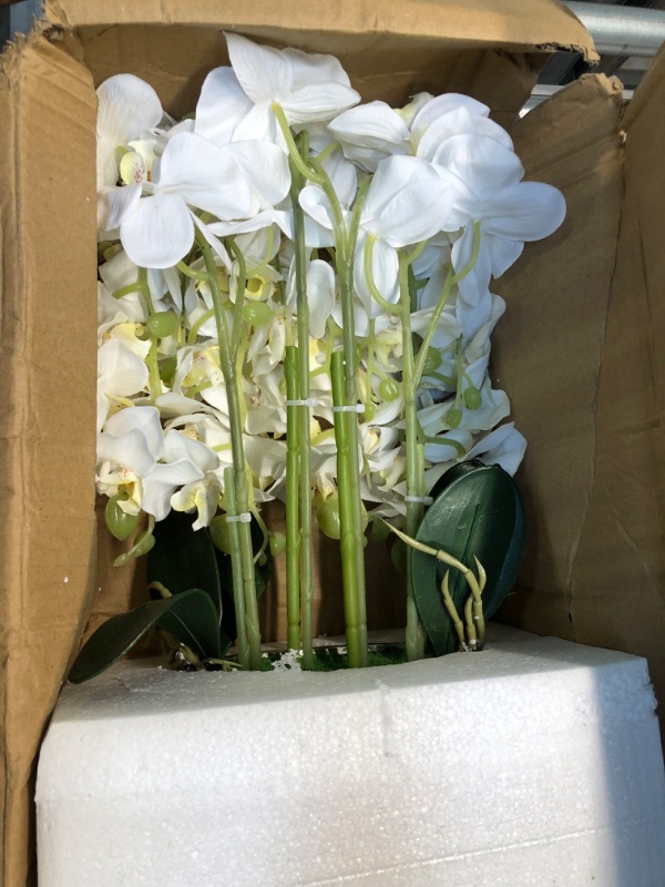 Photo 2 of Artificial Orchid White Silk Orchids Plant Phalaenopsis Flowers Faux Flower Orquideas Grandes with Silver Vase Orquidea para Decorar Arrangements in Pot Table Centerpieces for Home Decoration Indoor White Orchid