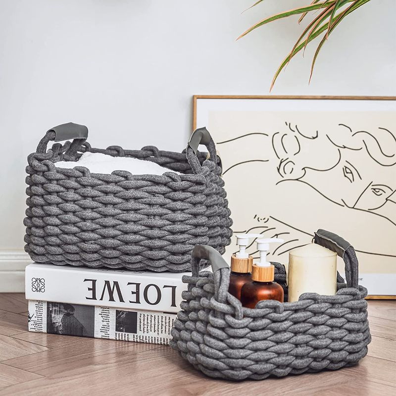 Photo 1 of ART pinecone 2-piece Rectangle nursery basket, Cotton Rope Foldable Baskets, Hand Woven Storage bins for Jewelry, Remote, Fruits, cute woven storage basket for closet, Shelf storage basket (Stone Grey)
