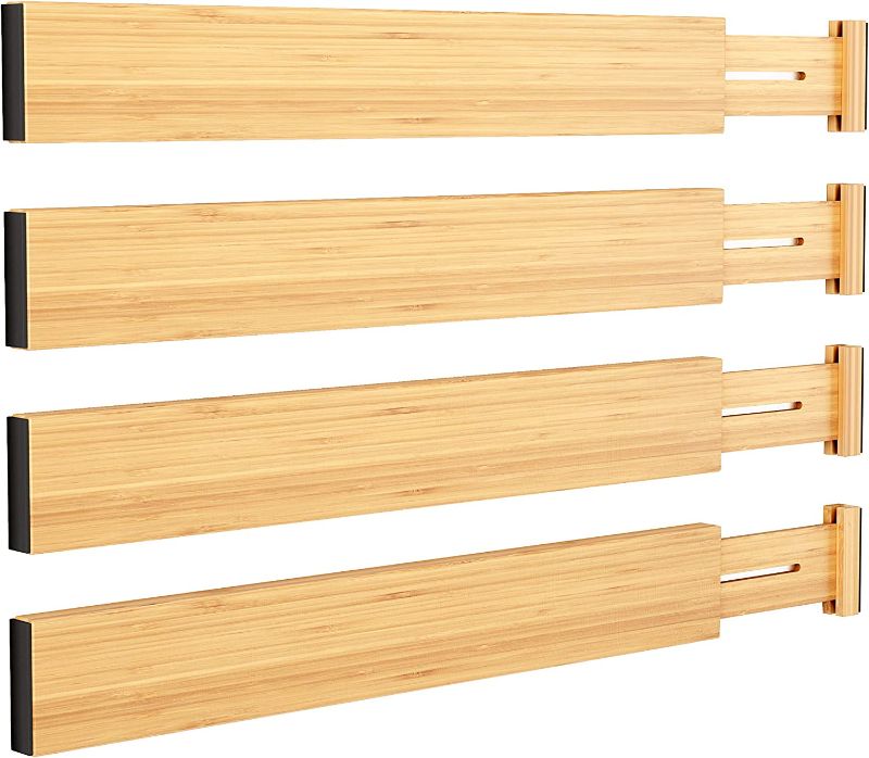 Photo 1 of BAMEOS Drawer Dividers kitchen Organization Bamboo Utensil Organizers for Kitchen Bedroom Bathroom Dresser Office 4-pack
