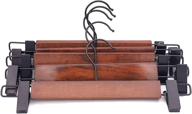 Photo 1 of  Wooden Pants Hangers Finish with Metal Clips Natural Wood Hanger for Skirts Slacks,One Pack of 5 (Walnut)

