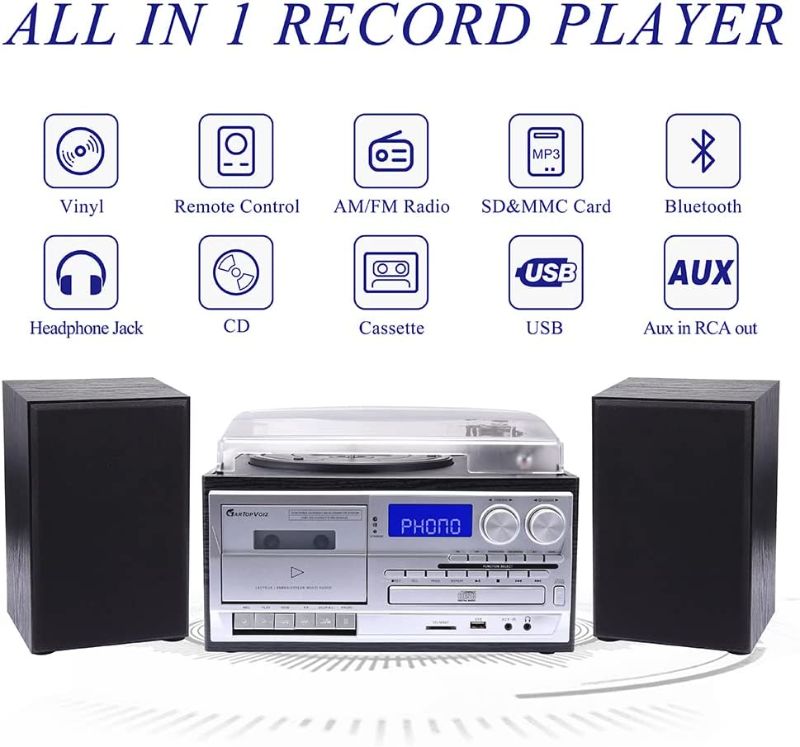Photo 1 of Gartopvoiz Bluetooth Vinyl Record Player, 3 Speeds All in 1 LP Turntable with External Stereo Speakers, CD Player Cassette AM/FM Radio USB/SD Encoding &...
