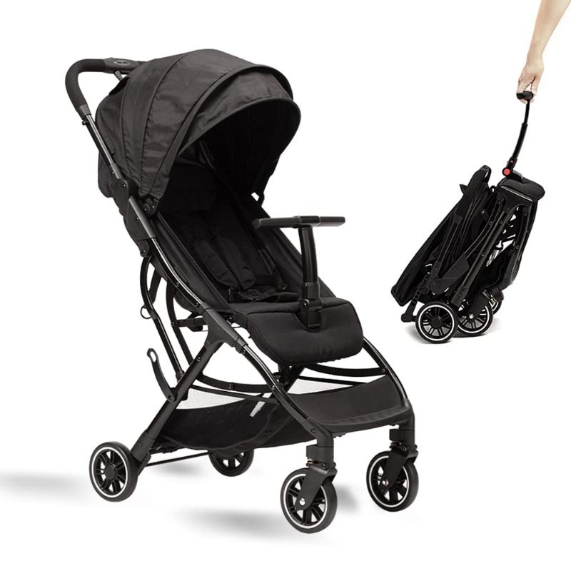 Photo 1 of Lightweight Travel Stroller - Compact Umbrella Stroller for Airplane, One-Hand Folding Baby Stroller, Newborn Infant Stroller w/Adjustable Backrest/Footrest/Canopy/T-Shaped Bumper (Black)
