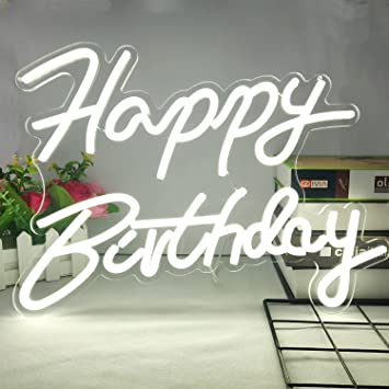 Photo 1 of Happy Birthday Neon Sign Dimmable White Neon Happy Birthday Sign 16.5x12 in Happy Birthday Neon Light Sign Neon Light Sign for Birthday Party Decoration USB Powered Kids Gift with Switch