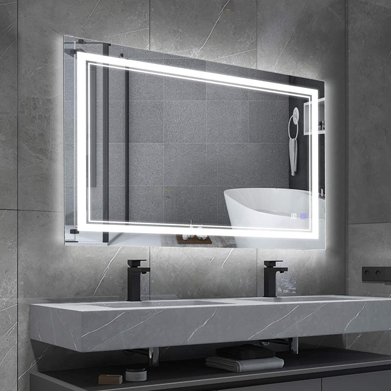 Photo 1 of 28 in. W x 36 in. H Rectangular Frameless LED Light Anti-Fog Wall Mounted Bathroom Vanity Mirror