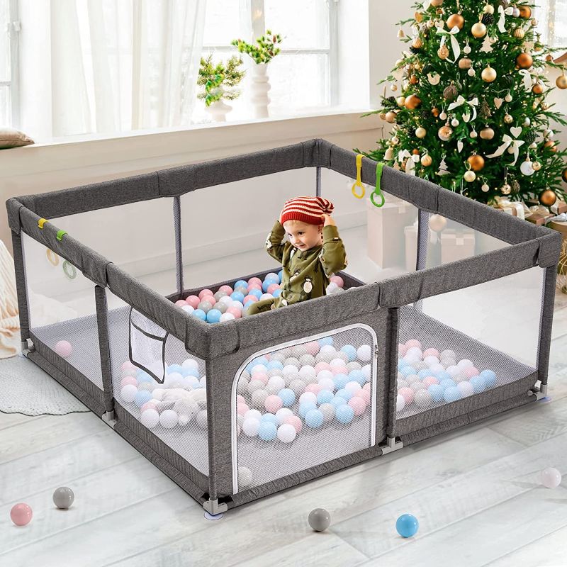 Photo 1 of Baby Playpen, Sturdy Playpen for Babies and Toddlers, Safety Baby Play Yards, Easy Assembly Large Baby Playpen for Babies, Anti-Collision BPA-Free Breathable Mesh Play Pen Gray Carrying Case