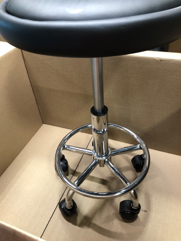 Photo 2 of Leather Round Rolling Stool with Back Rest Height Adjustable Swivel Drafting Work SPA Task Chair with Wheels Black