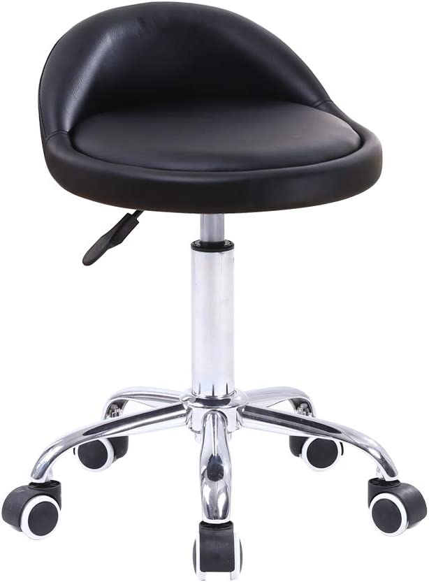 Photo 1 of Leather Round Rolling Stool with Back Rest Height Adjustable Swivel Drafting Work SPA Task Chair with Wheels Black