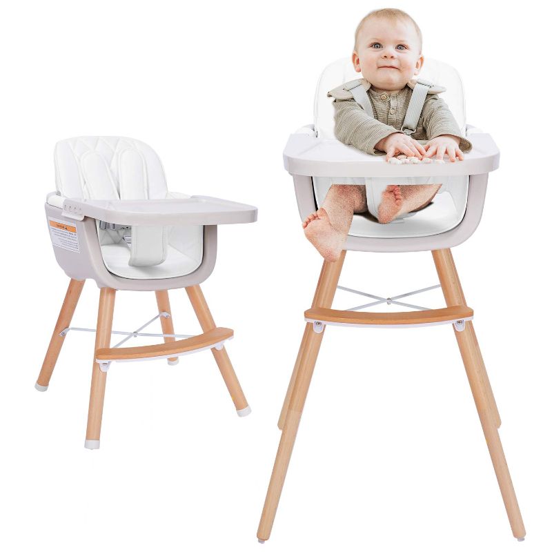 Photo 1 of Wooden High Chair,Baby High Chair with Adjustable Legs & Dishwasher Safe Tray, Made of Sleek Hardwood & Premium Leatherette, White