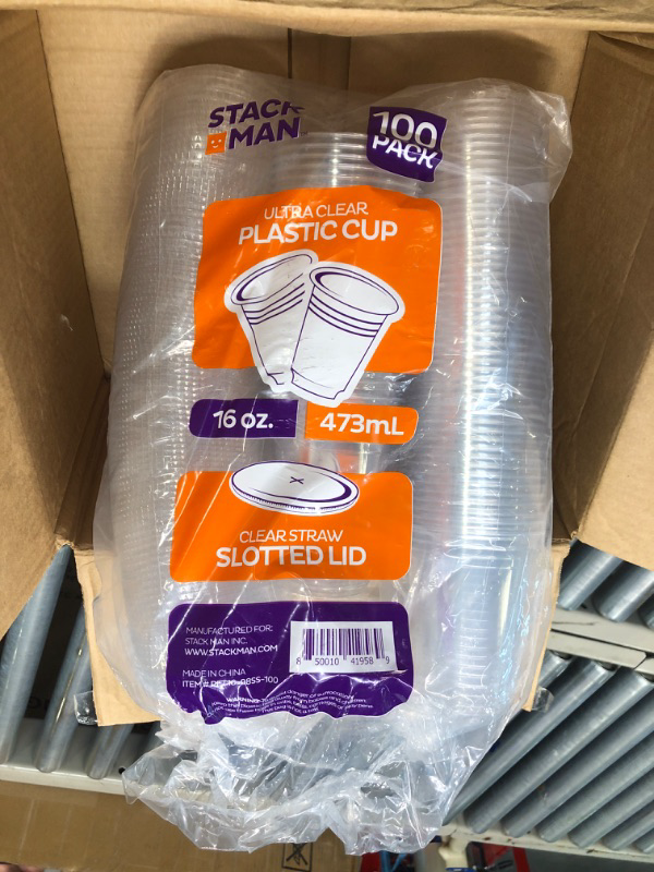 Photo 2 of [100 Sets - 16 oz.] Clear Plastic Cups with Straw Slot Lid, PET Crystal Clear Disposable 16oz