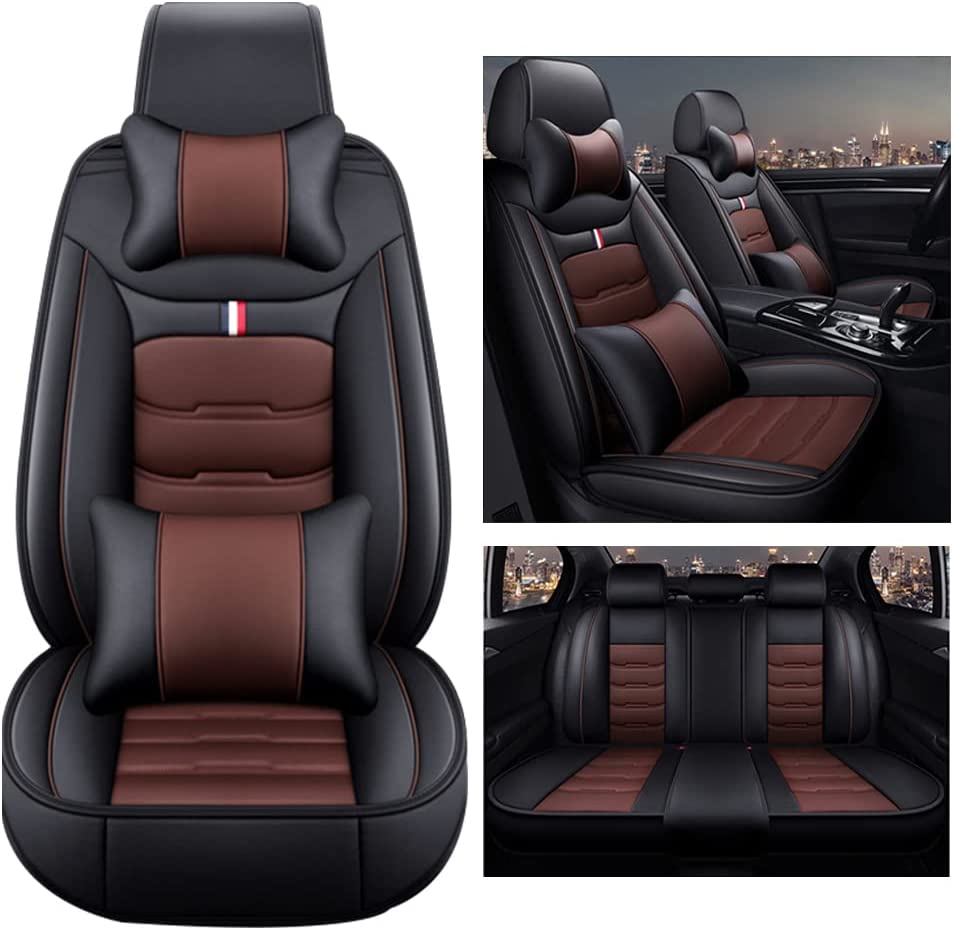 Photo 1 of 5 Seats Leather Car Seat Covers Full Set,Waterproof NonSlip Car Seat Cover,Stain Resistant Automotive Seat Covers,Breathable Interior Covers for Cars SUV Pick-up,Full Set with Pillow,Black&Coffee