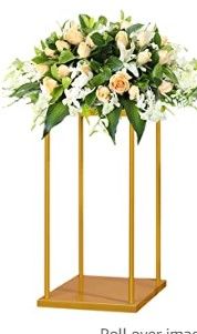 Photo 1 of YALLOVE Gold Flower Stand 15.75 Inch Tall Metal Square Centerpieces for Wedding Reception Table Decoration, Plant Display Rack at Home, Geometric Flower Holder with Top and Bottom Plate