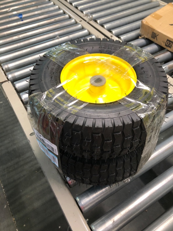 Photo 2 of MaxAuto 13x5.00-6 Lawn Mower Tires with Rim 13x5.00-6 Tire and Wheel 13x5-6 NHS Tire 13x5x6 Pneumatic Tire, 3" Centered Hub, 3/4" Bushings Yellow Rim