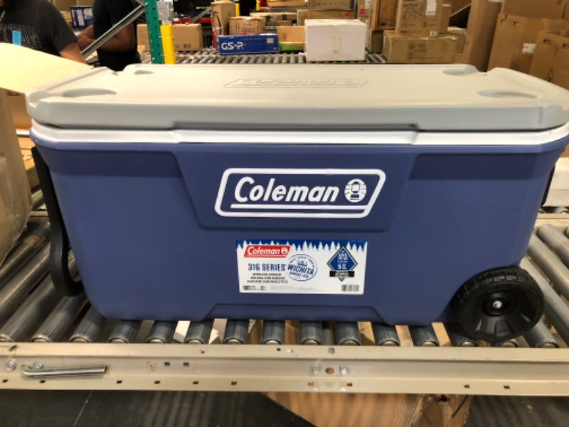 Photo 2 of Coleman 316 Series Insulated Portable Cooler with Heavy Duty Wheels, Leak-Proof Wheeled Cooler with 100+ Can Capacity, Keeps Ice for up to 5 Days Twilight 100qt Coolers