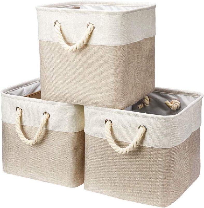 Photo 1 of 3 Pack Storage Cube Bins Collapsible Sturdy cationic Fabric Storage Basket with Cotton Rope Handle For Organizing Shelf Nursery Home Closet 13x13x13 inch