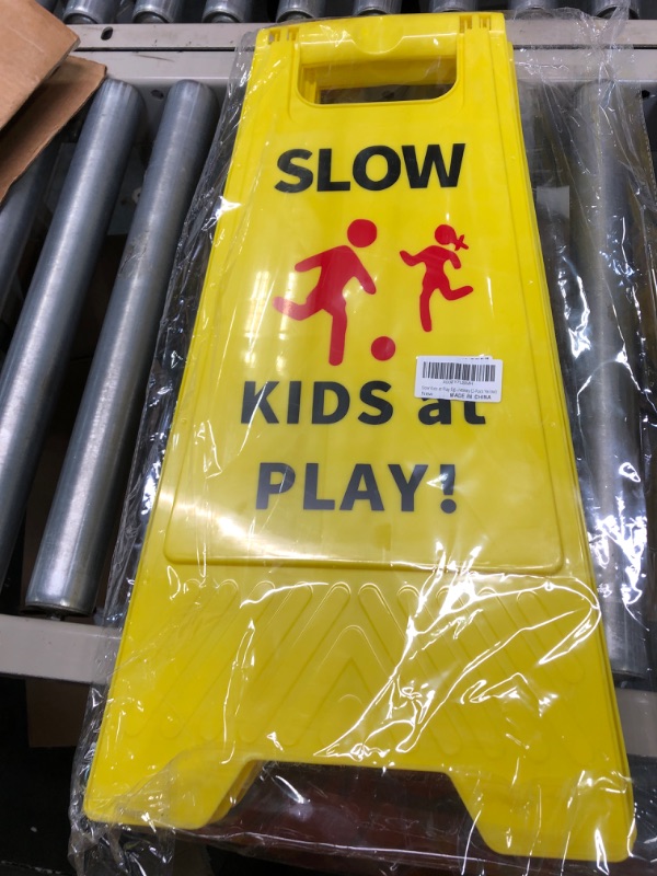 Photo 2 of Slow Kids at Play Sign, Children at Play Safety Signs with Double-Sided Text and Graphics for Street Neighborhoods Schools Park Sidewalk Driveway (2-Pack Yellow)