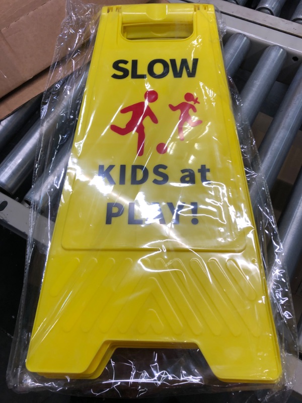 Photo 3 of Slow Kids at Play Sign, Children at Play Safety Signs with Double-Sided Text and Graphics for Street Neighborhoods Schools Park Sidewalk Driveway (2-Pack Yellow)