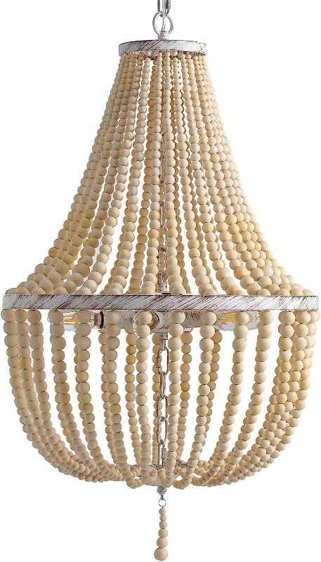 Photo 1 of 6-Light Bohemian Wood Beaded Chandelier Pendant Boho Light Fixture,18-inch Diameter,Antique Metal Finish Natural Color Wooden Beads, for Bathroom,Living Room,Entryway and Bedroom

