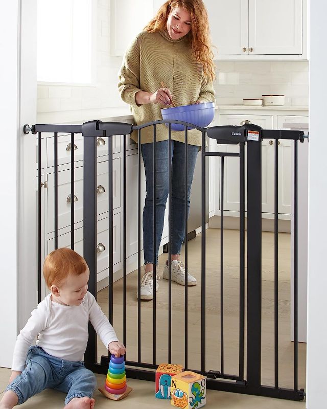 Photo 1 of Baby Gate 36" Extra Tall for 29.7-46in,Extra Wide Auto Closed Dog Gate for The House with No Drill Pressure Mounted Frame for Kids,Heavy Duty Metal Safety Pet Gate for Stairs,Doorway,Outdoor
