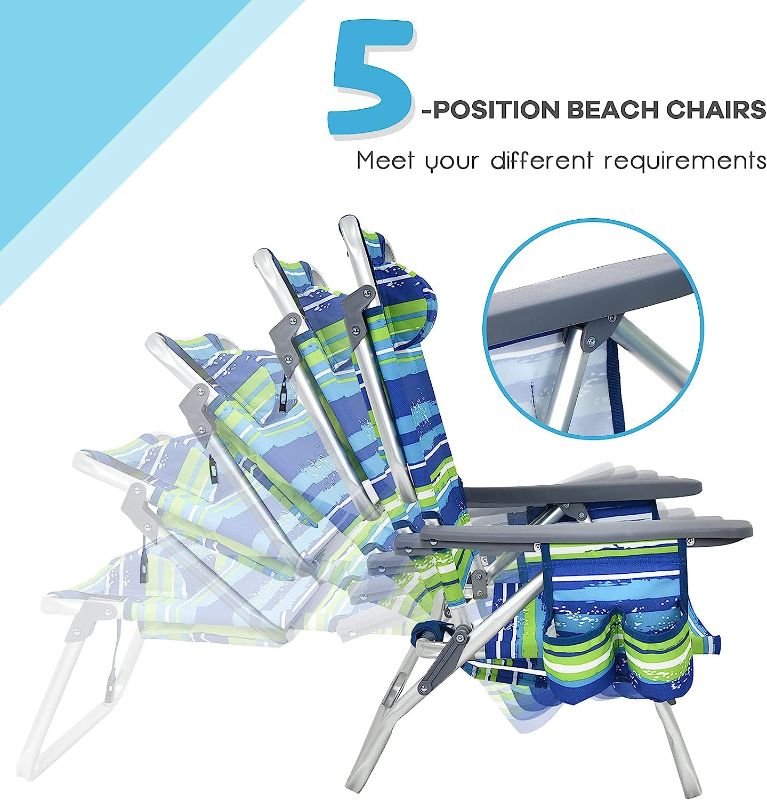 Photo 1 of Backpack Beach Chairs, Portable Camping Chairs with Cool Bag and Cup Holder, 5-Position Outdoor Reclining Chairs for Sunbathing, Fishing,...
