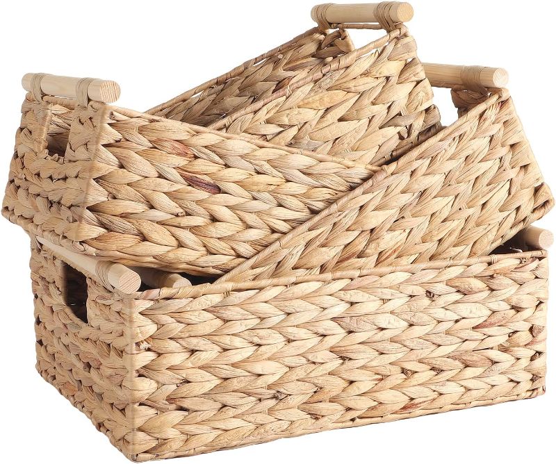 Photo 1 of ANMINY 4PCS Woven Storage Baskets Set Handmade Wicker Storage Bins Boxes with Wood Handles Natural Water Hyacinth Container Decorative Clothes Nursery Baby...
