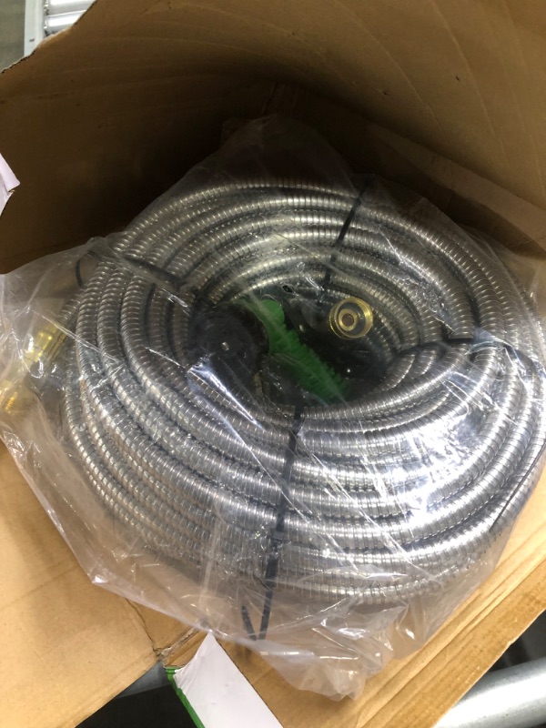Photo 3 of Yereen 304 Stainless Steel Metal Garden Hose 100FT, Garden Hose with 3/4" Solid Brass Fittings and 2 Function Nozzle, Kink Free Flexible Outdoor Water Hose 100FT-Updated Bright Silver