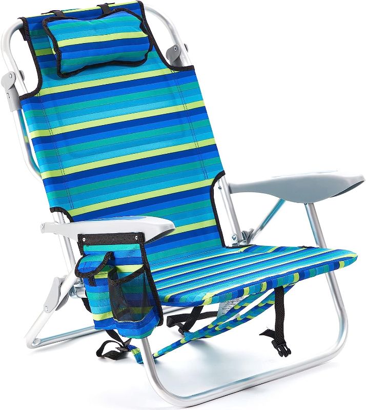 Photo 1 of 2 PCS Canpsky Portable Beach Chair for Adults, Outdoor Lightweight Camping Chair Lay Flat Folding Backpack Beach Reclining Chair with 4 Positions, Headrest, Cooler Pouch, Cup Holder, Ocean Striped
