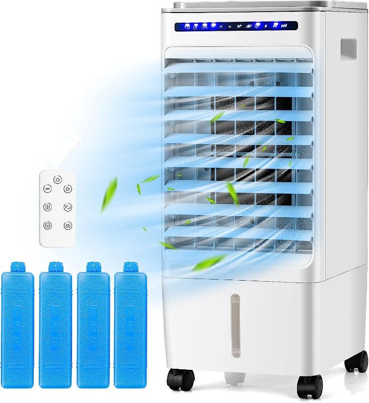 Photo 1 of COSTWAY Portable Evaporative Air Cooler for Room, Include Remote Control, 4 Ice Packs, Portable Bladeless Fan with 3 Modes, 3 Speeds, 7H Timer, 6L Water Tank, Air Cooler for Indoor Use, Bedroom, White
