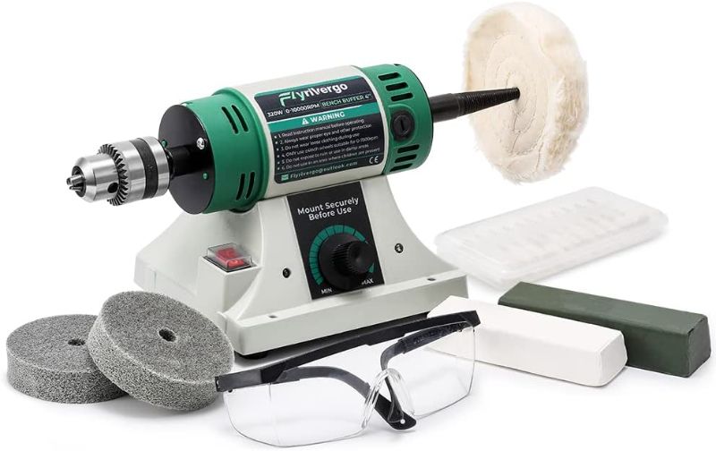 Photo 1 of Flyrivergo Bench Buffer, Jewelry Polisher, Adjustable Variable Speed Bench Polisher, with 2 Cotton Wheels, 2 Fiber Wheels, 1 Drill Chuck and 1 Set of Polishing Buffing Wheel
