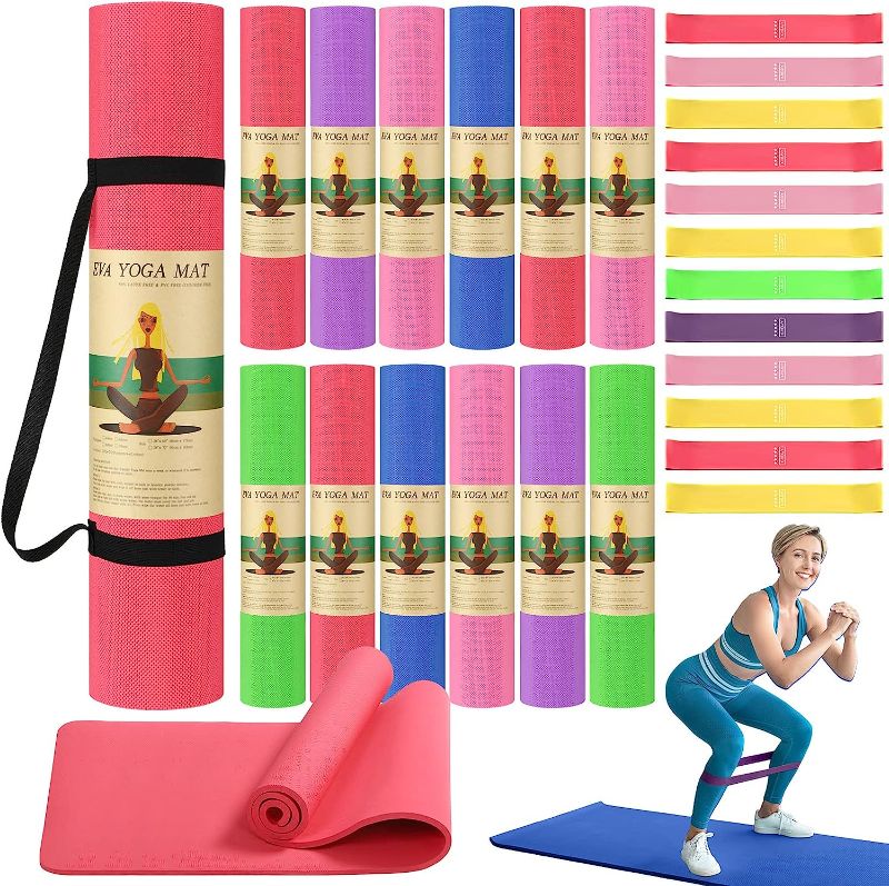 Photo 1 of 36 Pcs Yoga Mats and Resistance Bands Set, 68 x 24 x 0.24 Inch, 6mm Thick, Exercise Mat with Carrying Straps Bulk, Non Slip Workout Mat Pull up Assistance Bands for Gym Fitness
