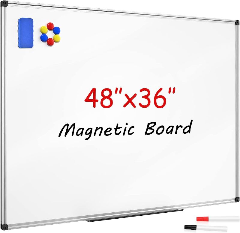 Photo 1 of SunyesYo Magnetic Dry Erase Whiteboard 48 x 36 Inch - 4 x 3 Large White Board, Silver Aluminum Frame Wall-Mounted, Magnetic Eraser, 2 Pen, Detachable Marker Tray, 6 Magnets for Office, School
