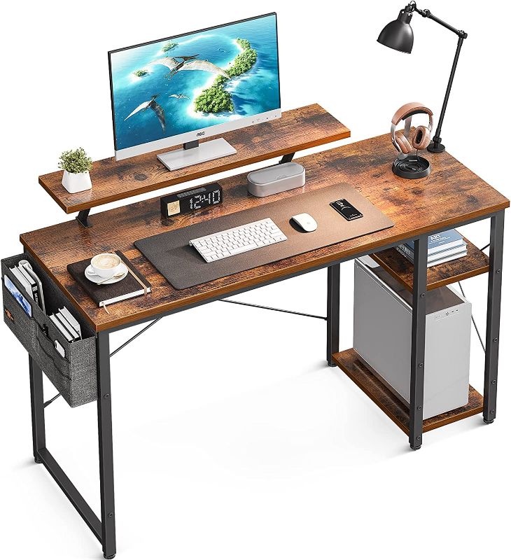 Photo 1 of ODK 47 Inch Computer Desk with Monitor Stand and Reversible 2-Tier Storage Shelves, Home Office Desks, Work Study PC Office Desk for Small Spaces, Vintage Desk with Shelves
