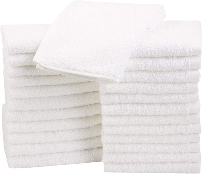 Photo 1 of Amazon Basics Fast Drying Bath Towel, Extra Absorbent, Terry Cotton Washcloths, Pack of 24, White, 12" x 12"
