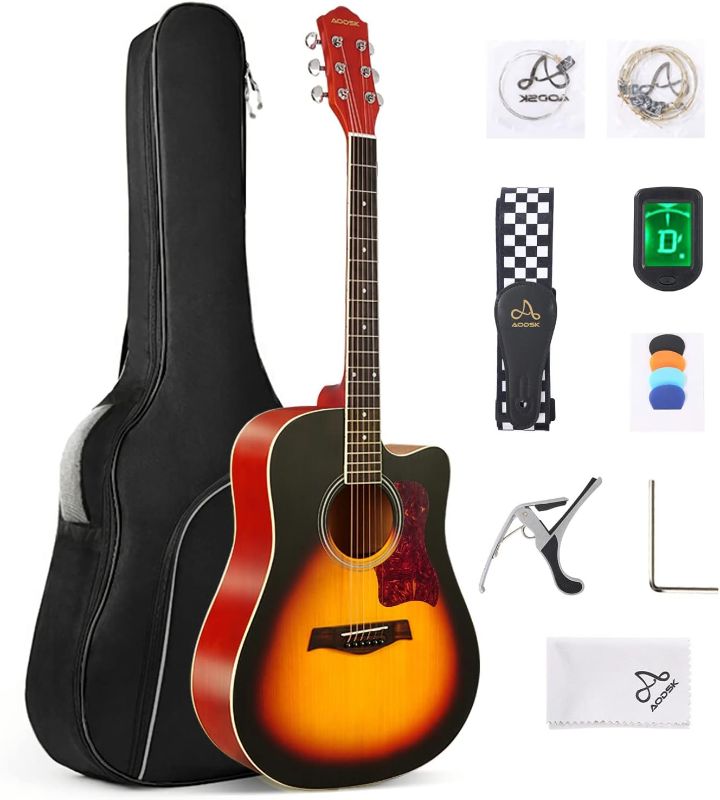 Photo 1 of AODSK Acoustic Guitar Beginner 41 Inch Full Size Solid Spruce Top Guitarra Bundle Kit with Gig Bag Tuner Capo Picks String Strap,Right Hand sunset gradient...
