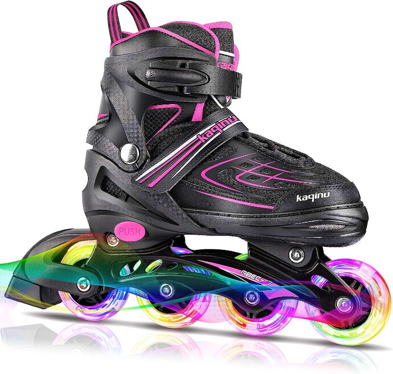 Photo 1 of KAQINU Adjustable Inline Skates, Outdoor Blades Roller Skates with Full Illuminating Wheels for Kids and Adults, Women, Girls and Boys SIZE L-YOUTH(4Y-7Y)
