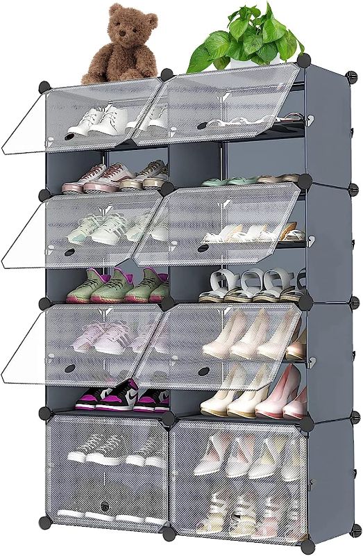 Photo 1 of  Shoe Rack Organizer, 32 Pair Shoe Storage Cabinet with Door Expandable Plastic Shoe Shelves 8 Tier Shoe Rack for Closet Entryway Hallway Bedroom (Grey)