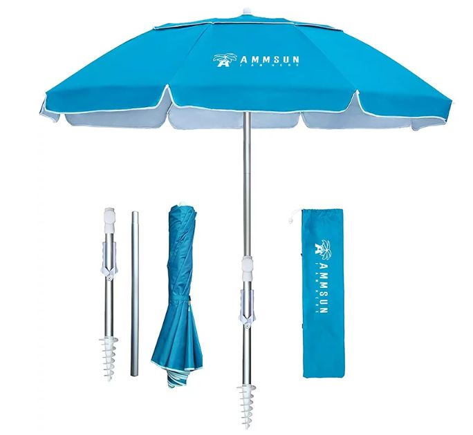 Photo 1 of AMMSUN 7 Foot Heavy Duty HIGH Wind Beach Umbrella with sand anchor & Tilt Sun Shelter, UV 50+ Protection Outdoor Sunshade Umbrella with Carry Bag for Patio Garden Beach Pool Backyard Blue
