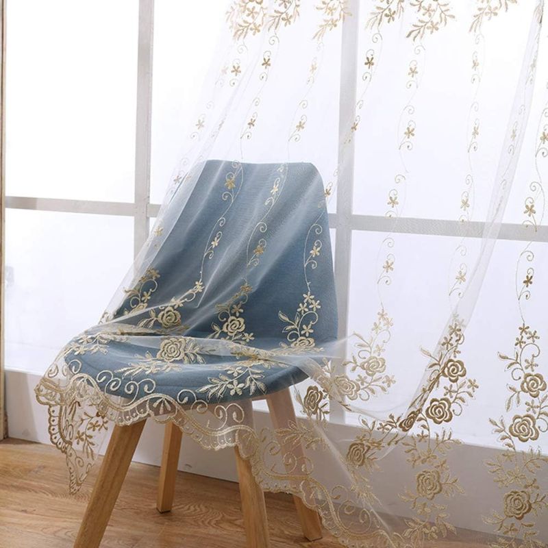 Photo 1 of AiFish Living Room Floral Sheer Curtains Embroidered Rose Glitter Window Treatment Panel Drape Curtains Rustic Tulle Voile Draperies and Curtains for for Sliding Glass Door 1 Panel W39 x L84 inch