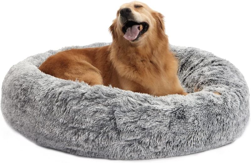 Photo 1 of Bedfolks Calming Donut Dog Bed, 36 Inches Round Fluffy Dog Beds for Large Dogs, Anti-Anxiety Plush Dog Bed, Machine Washable Pet Bed (Dark Grey