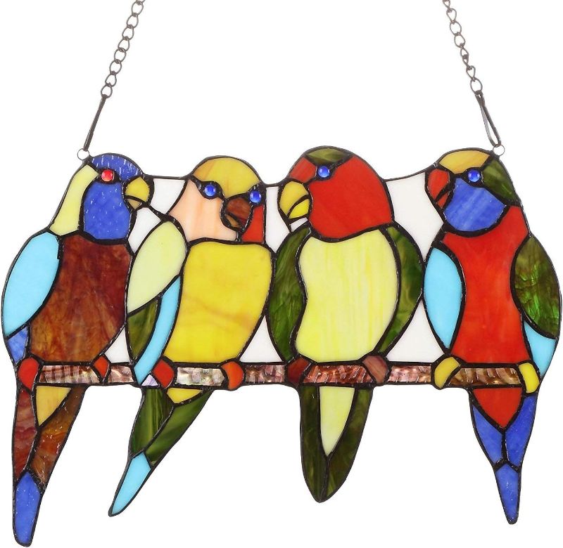 Photo 1 of Bieye W10001 Tropical Birds Tiffany Style Stained Glass Window Panel with Chain, 14.5-inch Wide (4 Parrots)