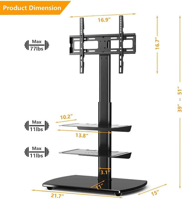 Photo 2 of 5Rcom Universal TV Floor Stand with 2 Media Shelves for 27 32 37 42 47 50 55 65 inch Flat or Curved Screens TVs Nice Tempered Glass Base with Swivel Mount for Bedroom and Office, Black
