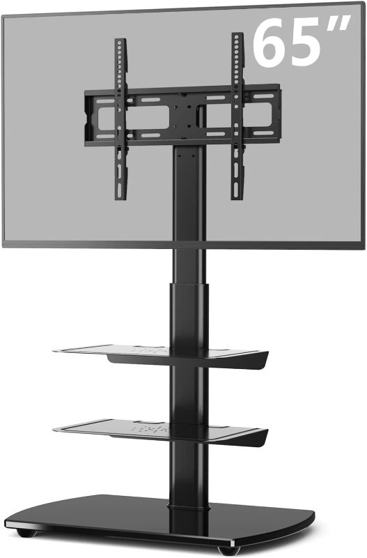 Photo 1 of 5Rcom Universal TV Floor Stand with 2 Media Shelves for 27 32 37 42 47 50 55 65 inch Flat or Curved Screens TVs Nice Tempered Glass Base with Swivel Mount for Bedroom and Office, Black
