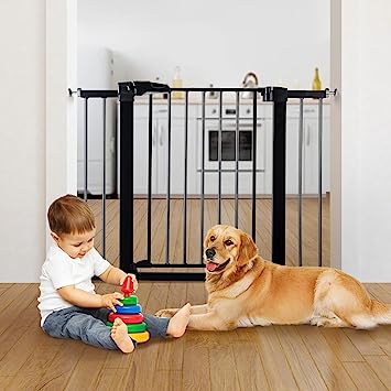 Photo 1 of BABELIO 26-40 Inch Easy Install Extra Wide Pressure Mounted Metal Baby Gate, No Drilling, No Tools Required, with Wall Protectors and Extenders (Black)
