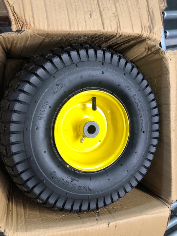 Photo 3 of (2 Pack) AR-PRO Exact Replacement 15" x 6.00 - 6" Front Tire and Wheel Assemblies for John Deere Riding Mowers - Compatible with John Deere 100 and D100 Series - 3” Hub Offset and 3/4” Bushings 15" x 6.00-6" Yellow