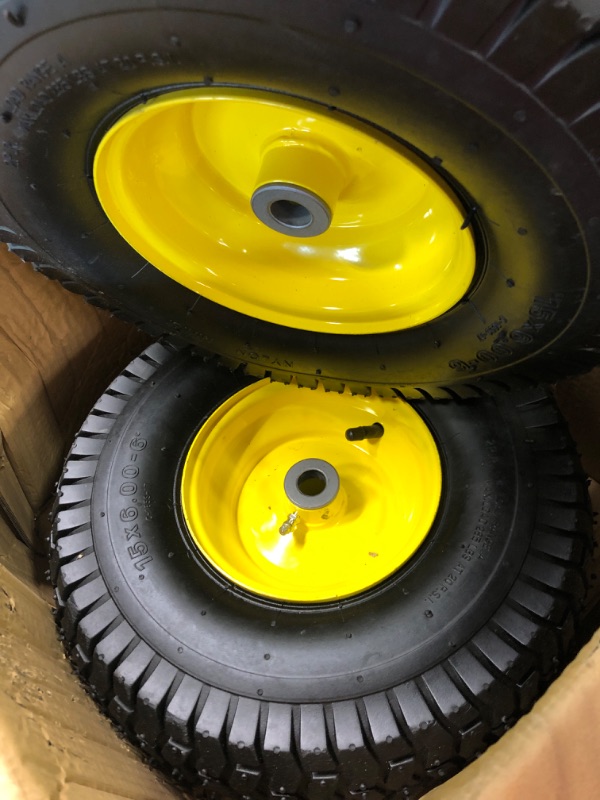 Photo 4 of (2 Pack) AR-PRO Exact Replacement 15" x 6.00 - 6" Front Tire and Wheel Assemblies for John Deere Riding Mowers - Compatible with John Deere 100 and D100 Series - 3” Hub Offset and 3/4” Bushings 15" x 6.00-6" Yellow