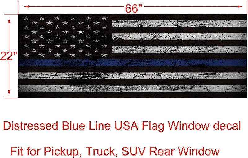 Photo 4 of Zxiaozhun Distressed Blue Line American Flag Rear Window Decal Fits Truck, Pickup, SUV, Car Universal See Through Perforated USA Flag Back Window Vinyl Graphic Sticker Black White(66"x22")