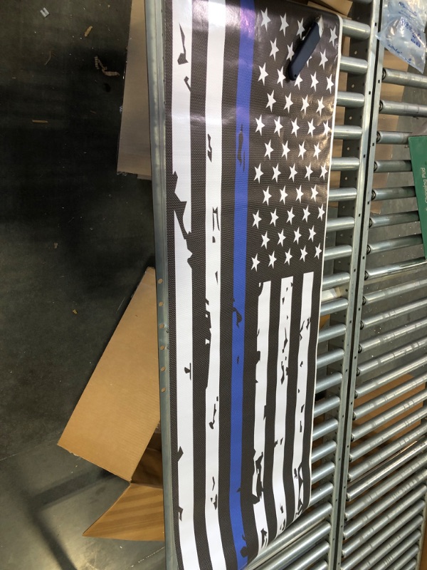 Photo 3 of Zxiaozhun Distressed Blue Line American Flag Rear Window Decal Fits Truck, Pickup, SUV, Car Universal See Through Perforated USA Flag Back Window Vinyl Graphic Sticker Black White(66"x22")